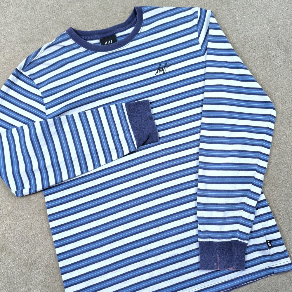 HUF Striped Long Sleeve T-Shirt Mens Medium Blue White Cotton Skate Streetwear